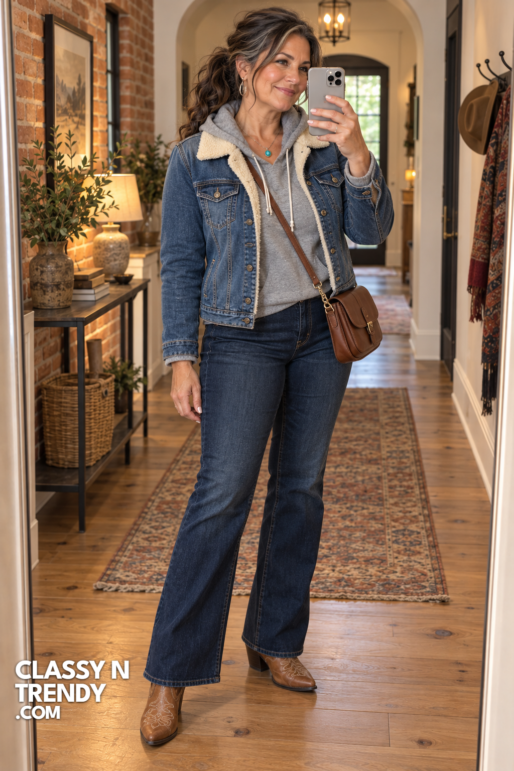 18. Shearling Denim Jacket and Western Boots