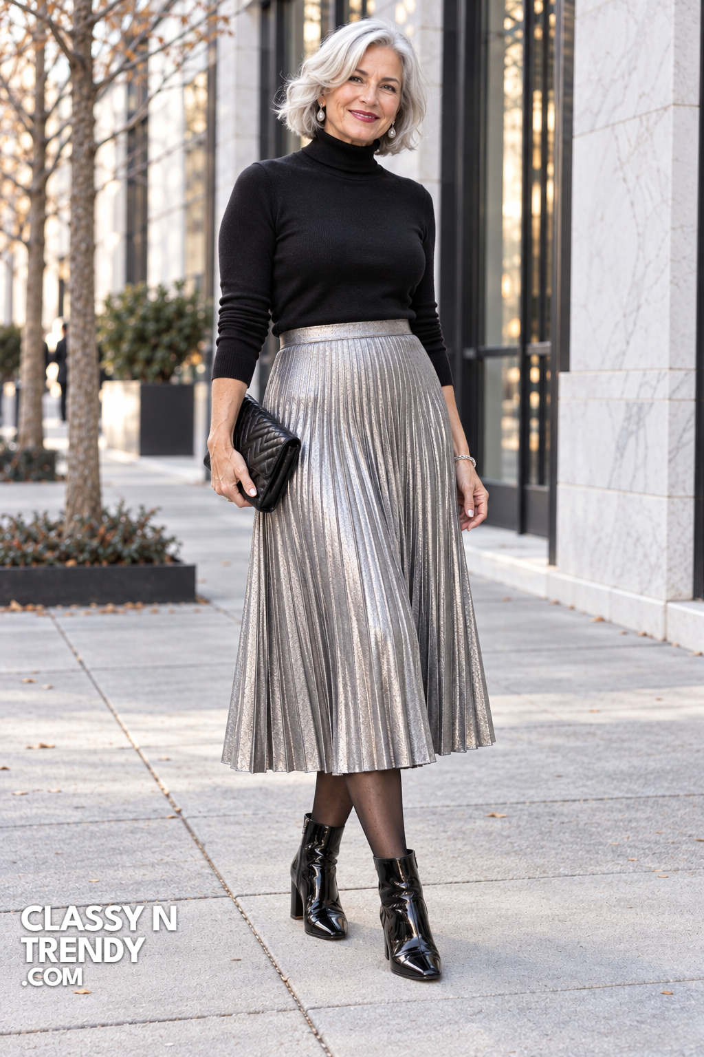 18. Silver Pleated Skirt and Turtleneck