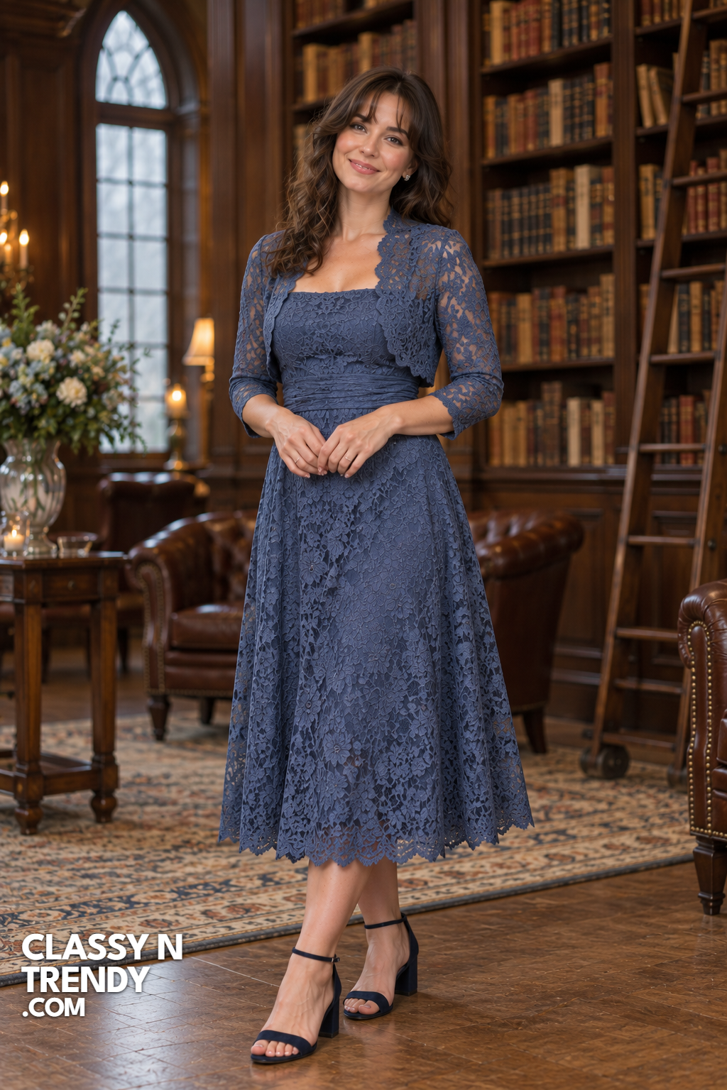 18. Slate Blue Lace Midi With Cropped Bolero