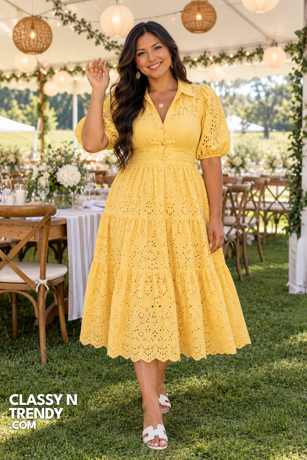 18. Sunny Yellow Eyelet Dress With Puff Sleeves