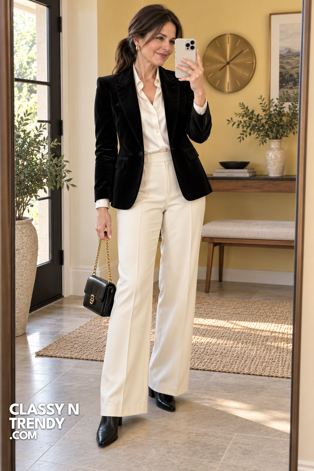 19. Black Velvet Blazer and Ivory Pants