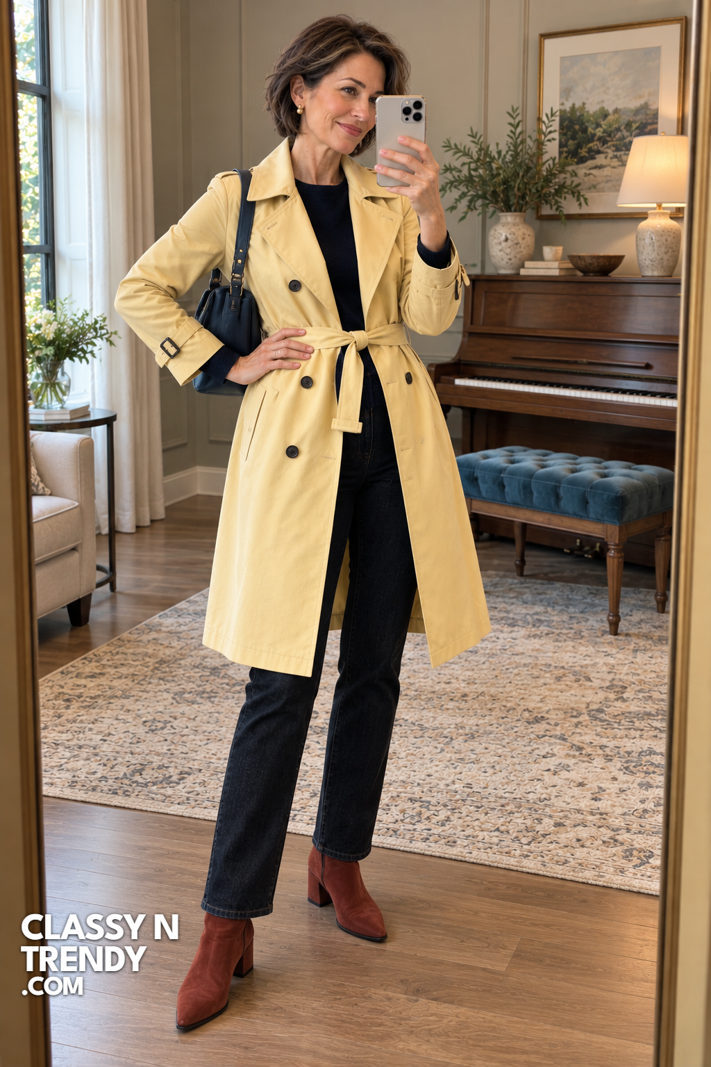 19. Butter Yellow Trench With Rust Boots