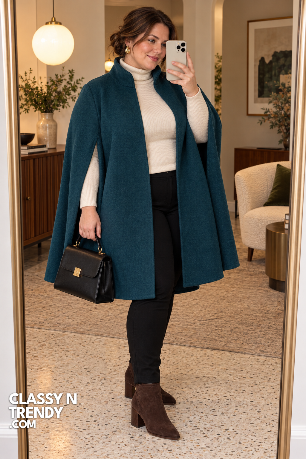 19. Deep Teal Cape and Cream Turtleneck