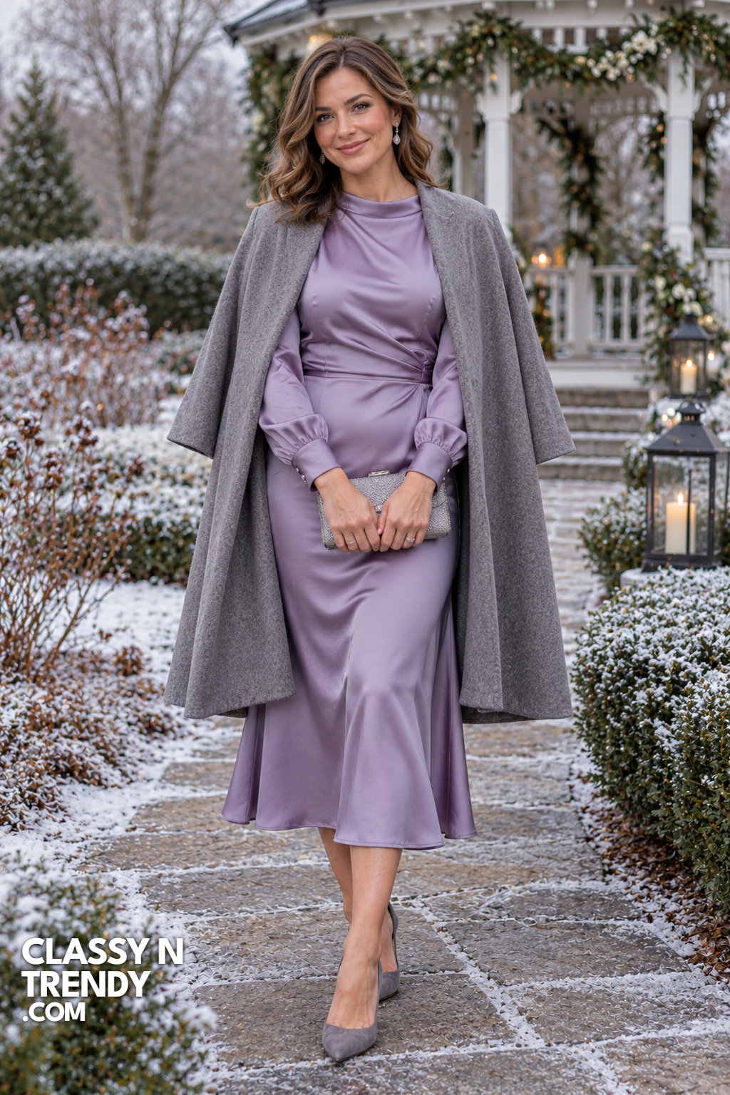 19. Lavender Satin Midi Under a Gray Wool Cape