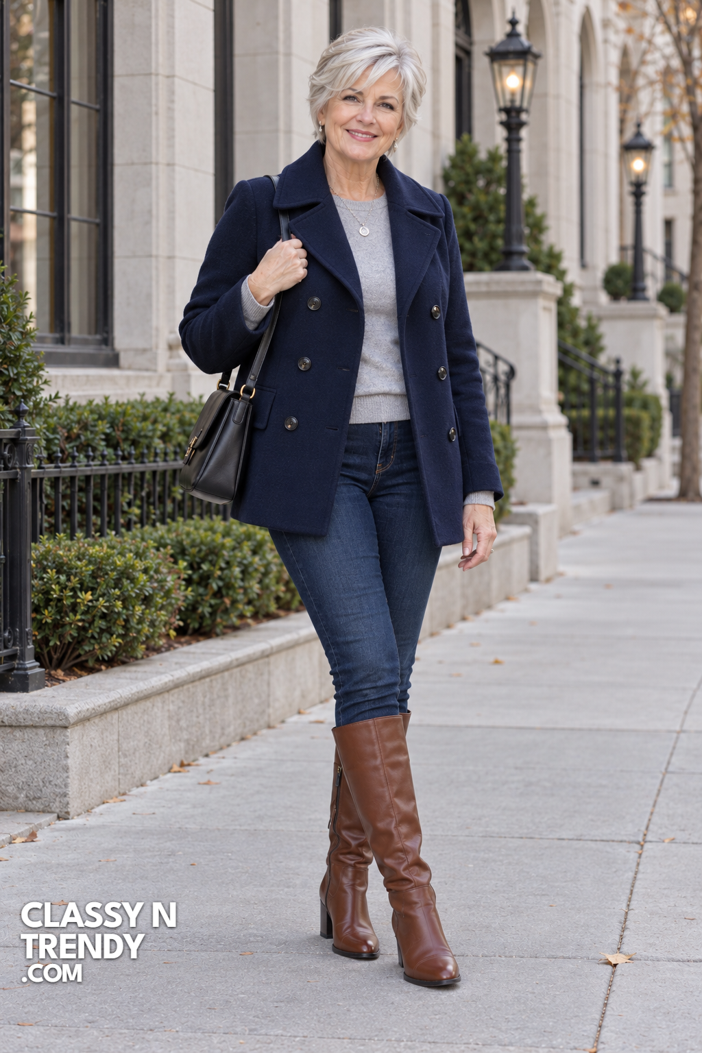 19. Navy Peacoat and Skinny Jeans