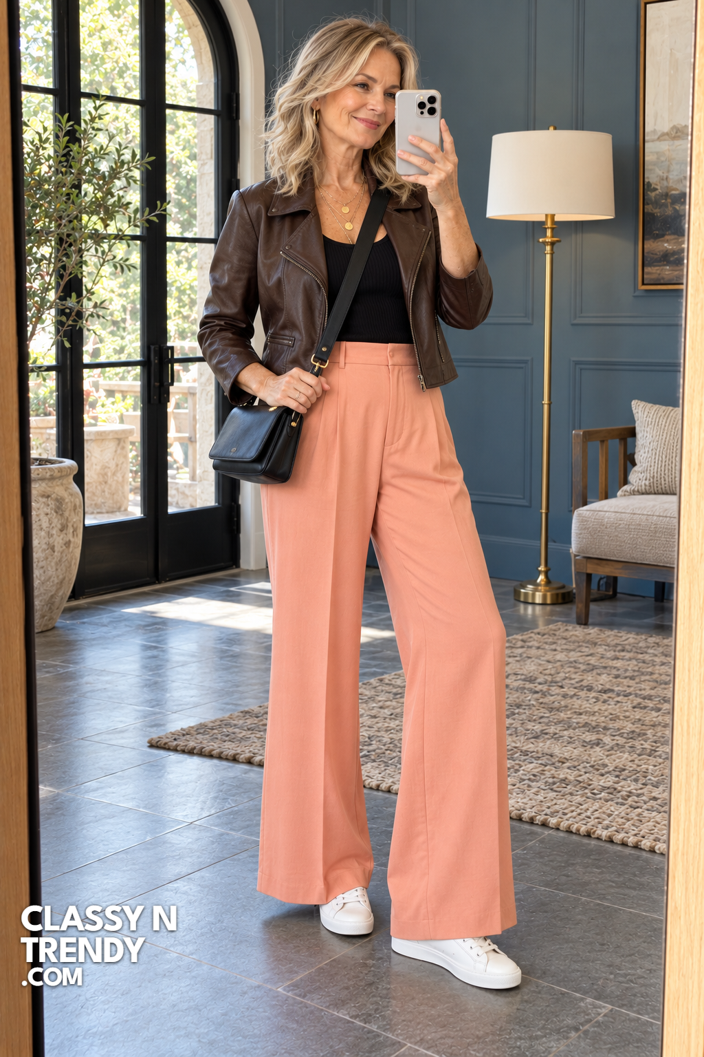 19. Peach Pants and Leather Jacket