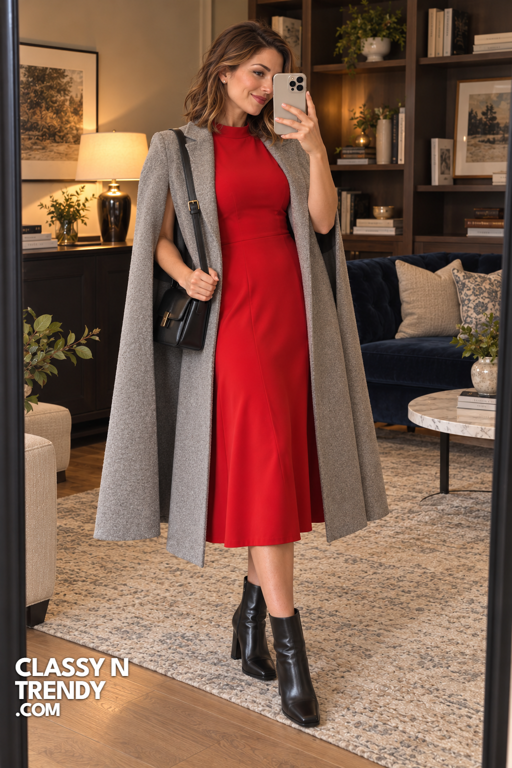 19. Poppy Red Crepe Dress with Grey Cape Coat