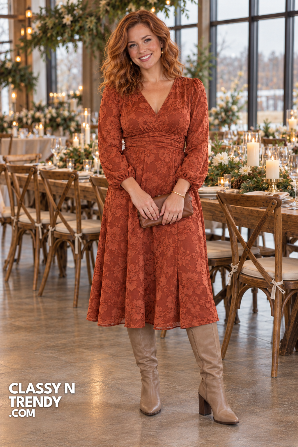 19. Rust Jacquard Dress With Taupe Boots