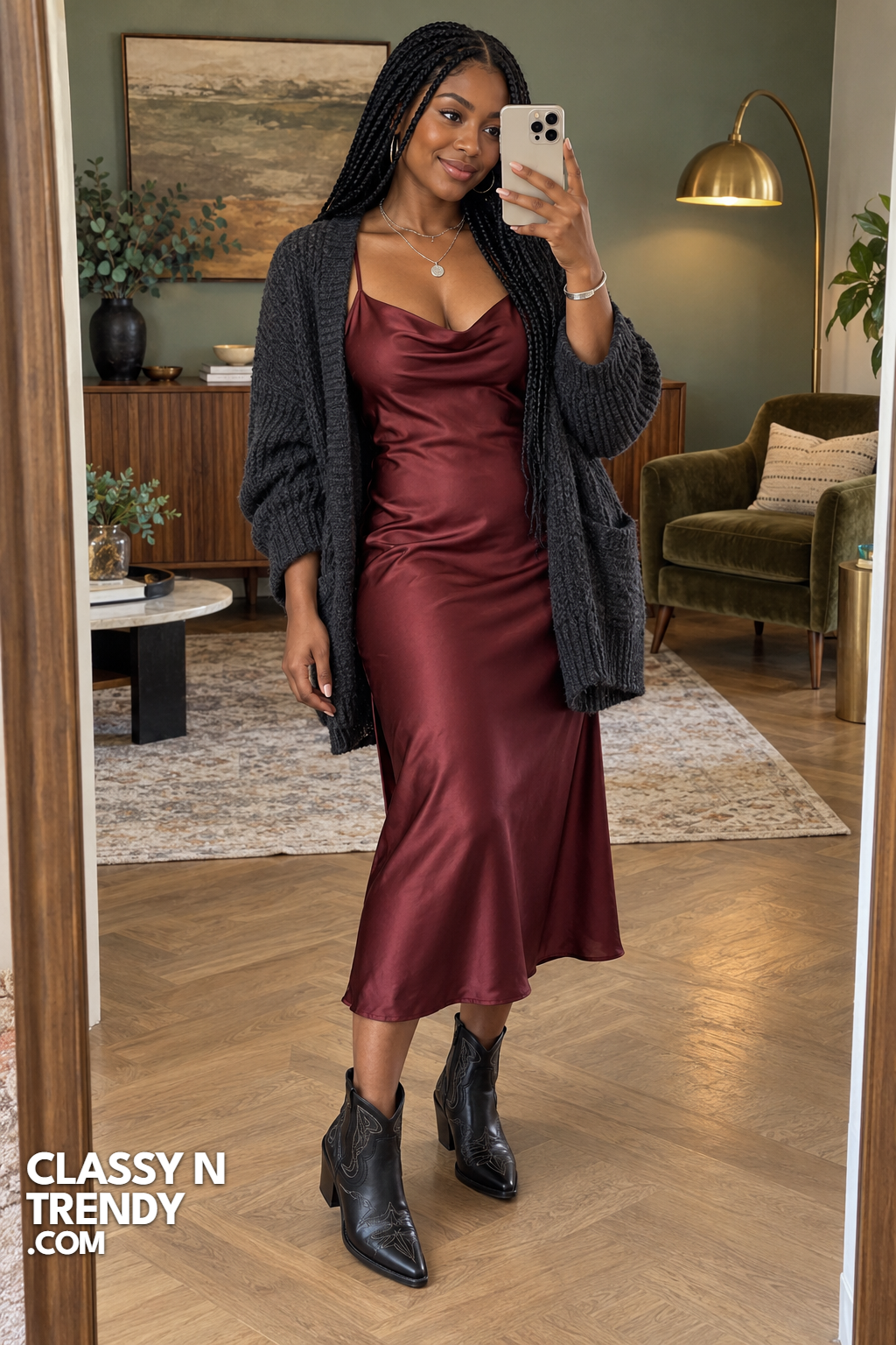 2. Burgundy Slip Dress with Charcoal Cardigan