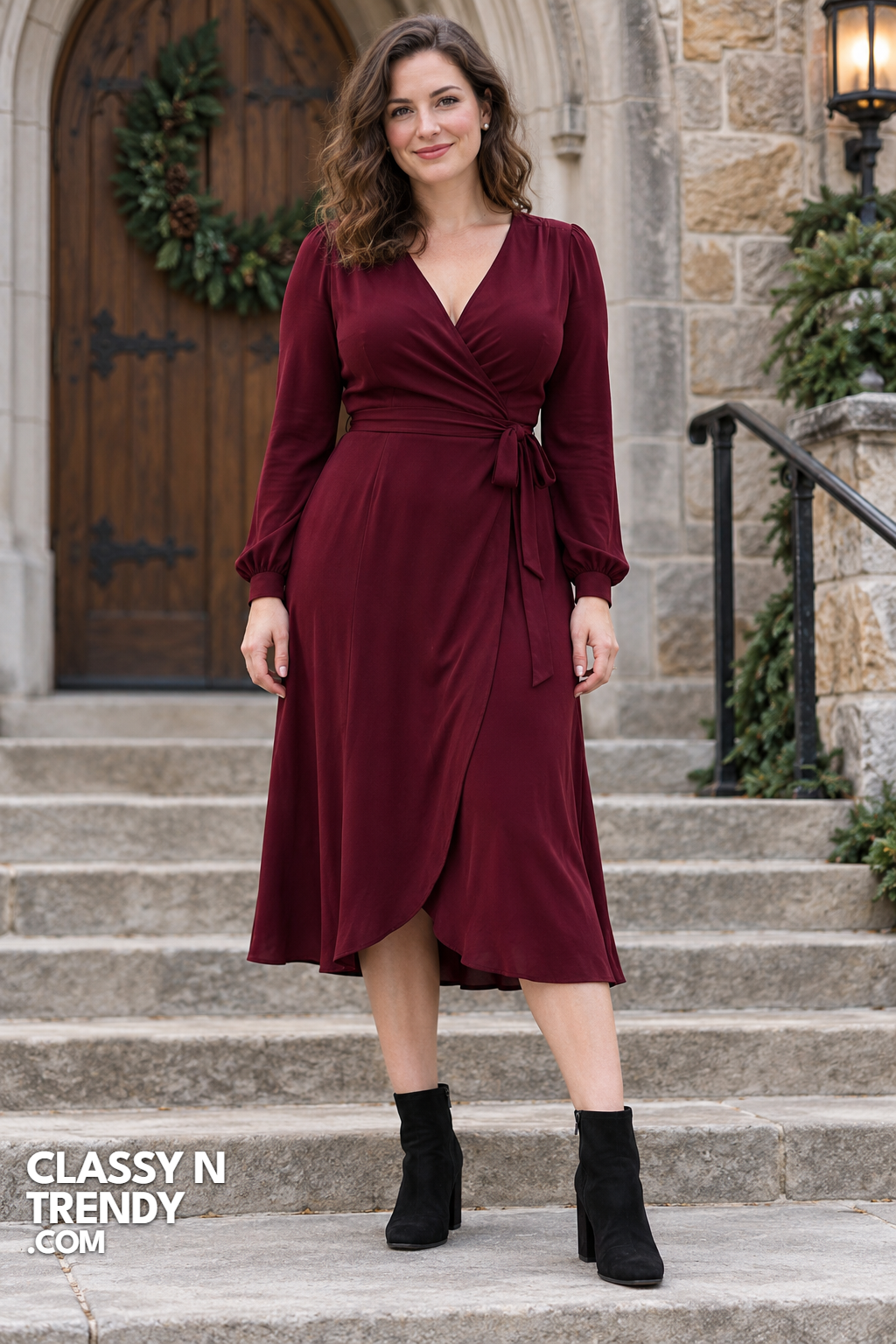 2. Burgundy Wrap Dress With Block Heel Ankle Boots