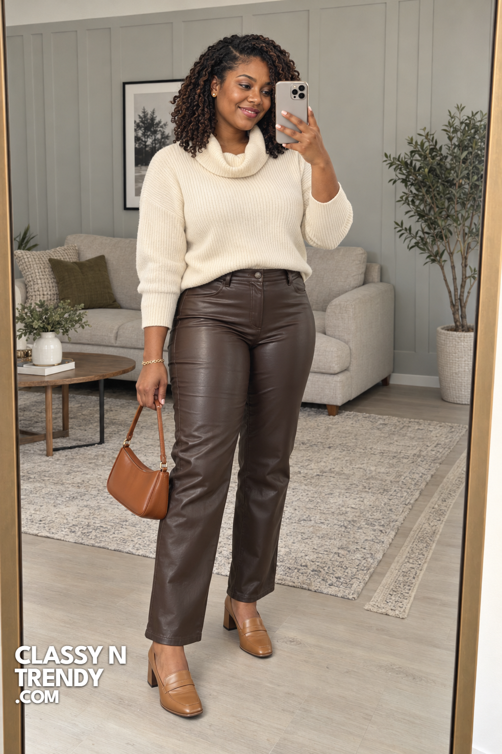 2. Leather Pants and Cowl Sweater