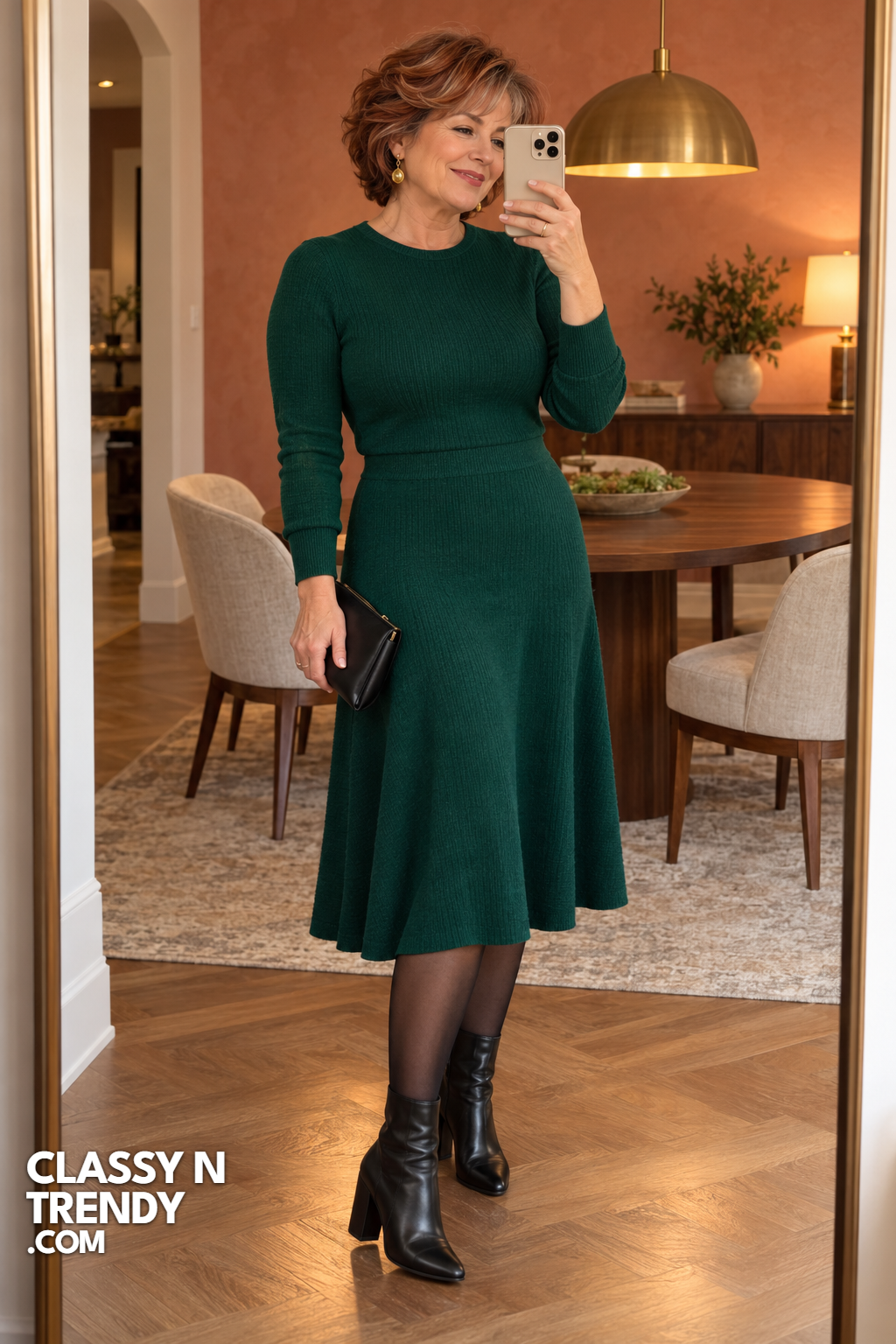 2. Emerald Knit Midi Dress with Tights