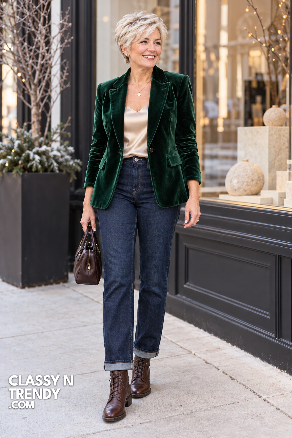 2. Green Velvet Blazer and Jeans