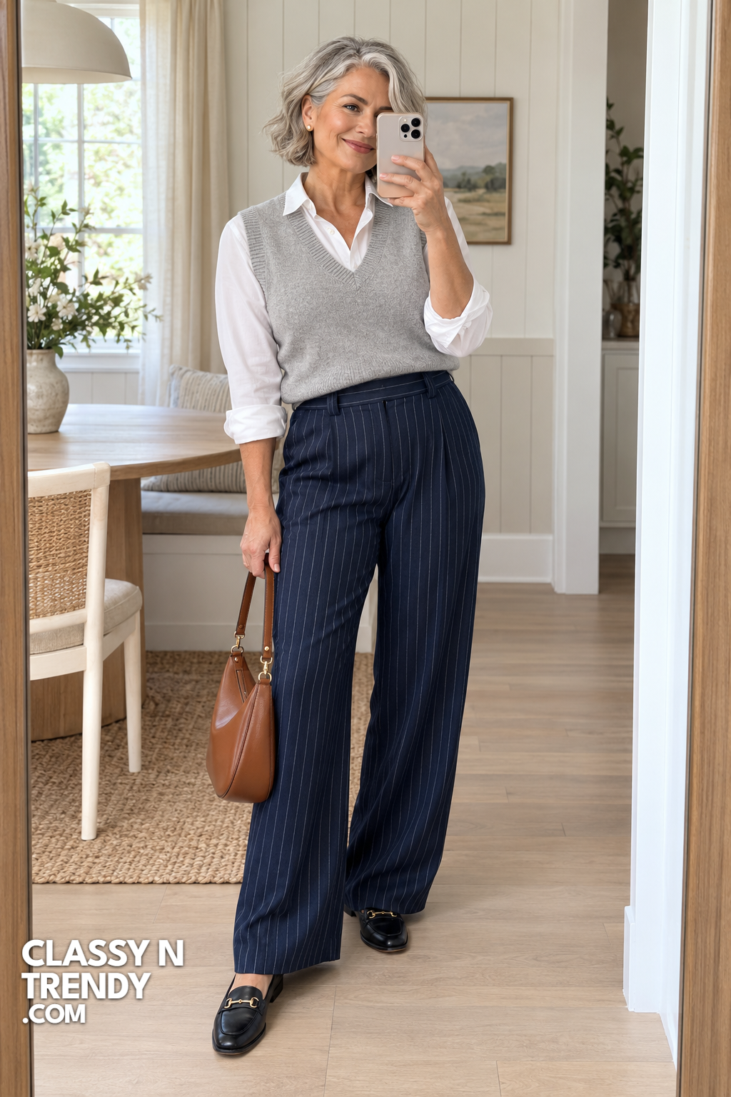 2. Navy Pinstripe Pants and Knit Vest