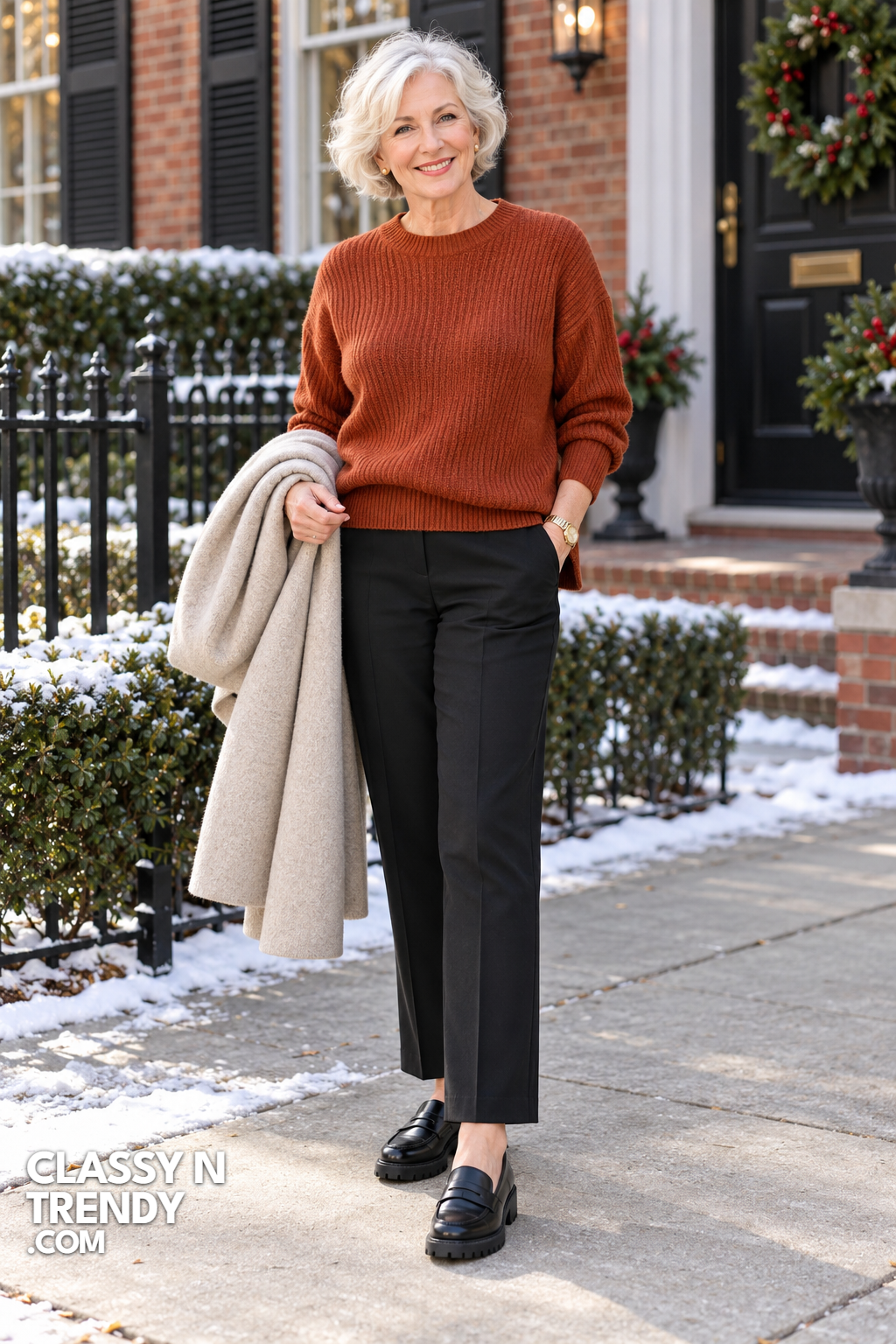 2. Rust Sweater with Black Trousers