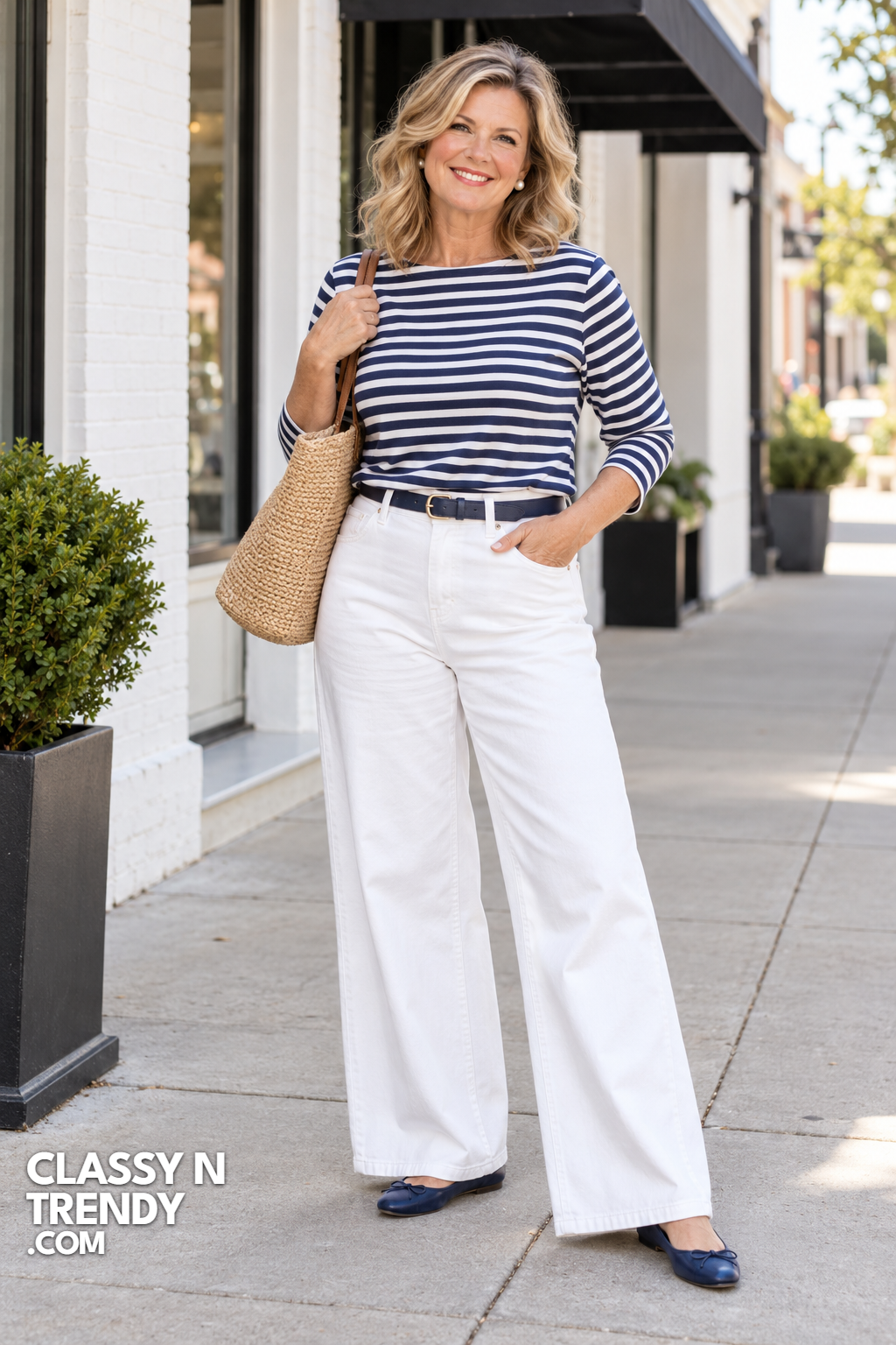 2. White Wide-Leg Jeans and Stripes