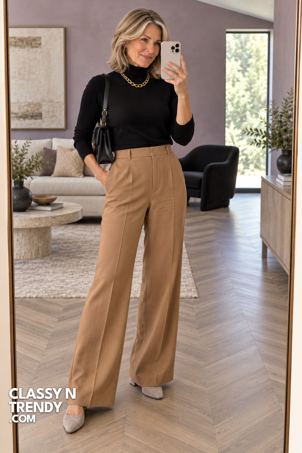 20. Camel Pants and Black Turtleneck