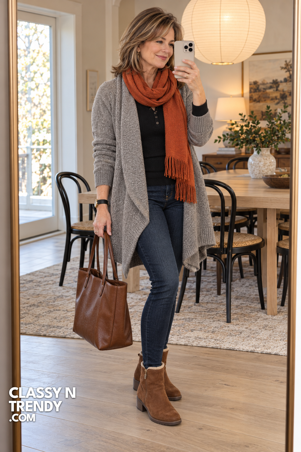 20. Gray Shawl Cardigan and Orange Scarf