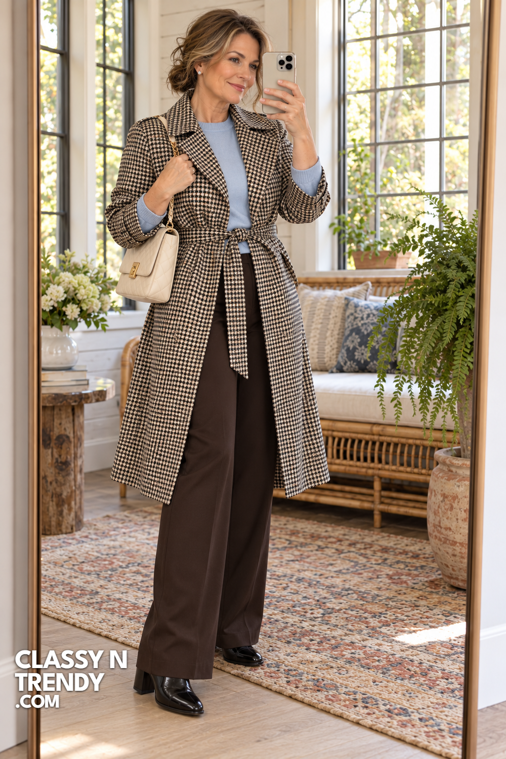 20. Houndstooth Trench With Wide Leg Trousers
