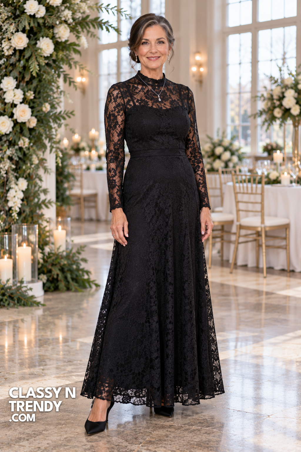 20. Long Sleeve Black Lace Maxi Dress