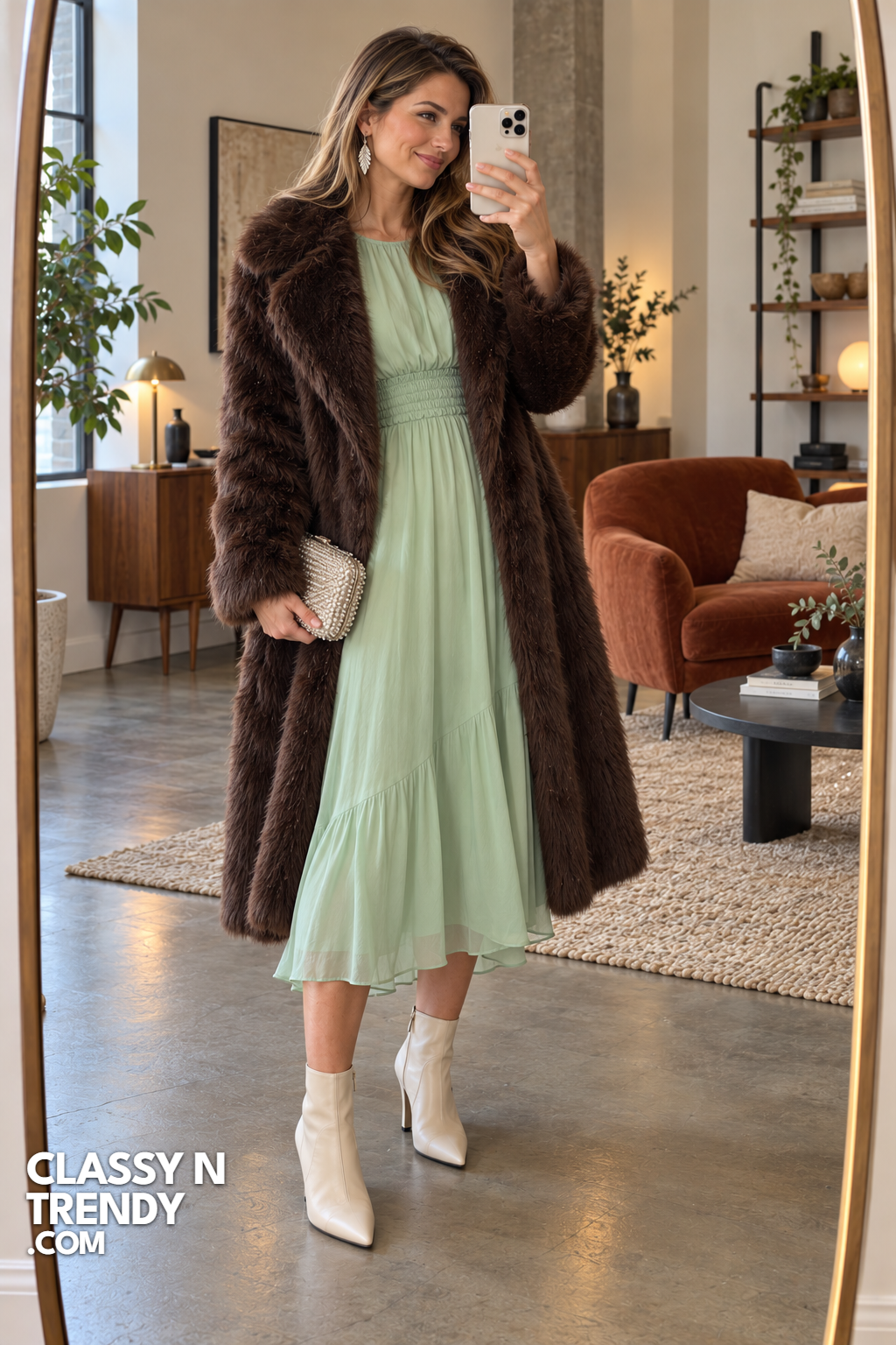 20. Mint Chiffon Midi with Brown Faux Fur Coat