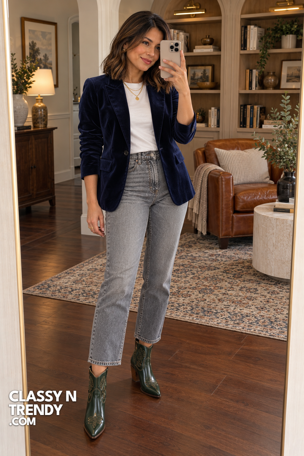 20. Navy Velvet Blazer, White Tee, and Gray Jeans