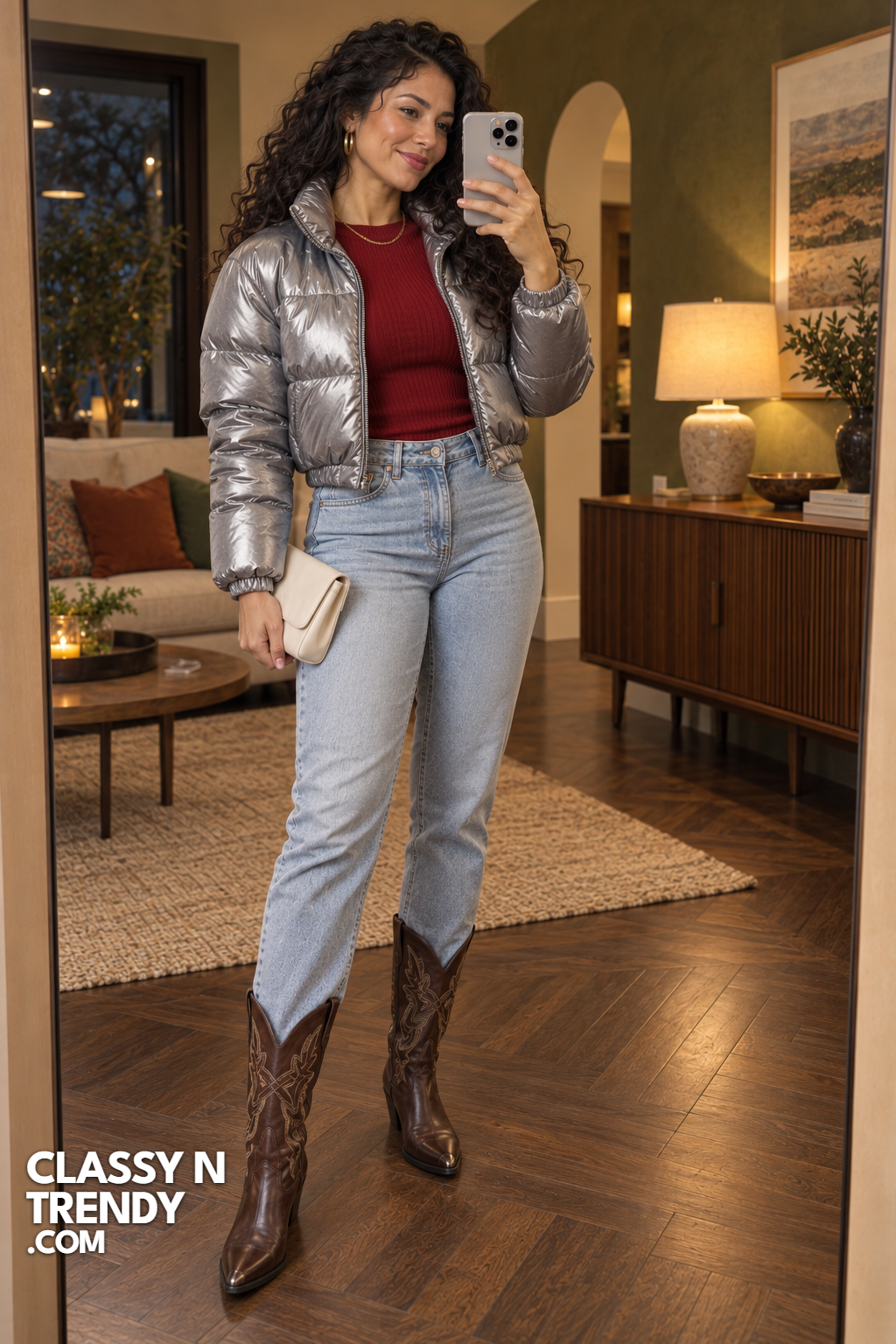 20. Silver Puffer Jacket and Light Jeans