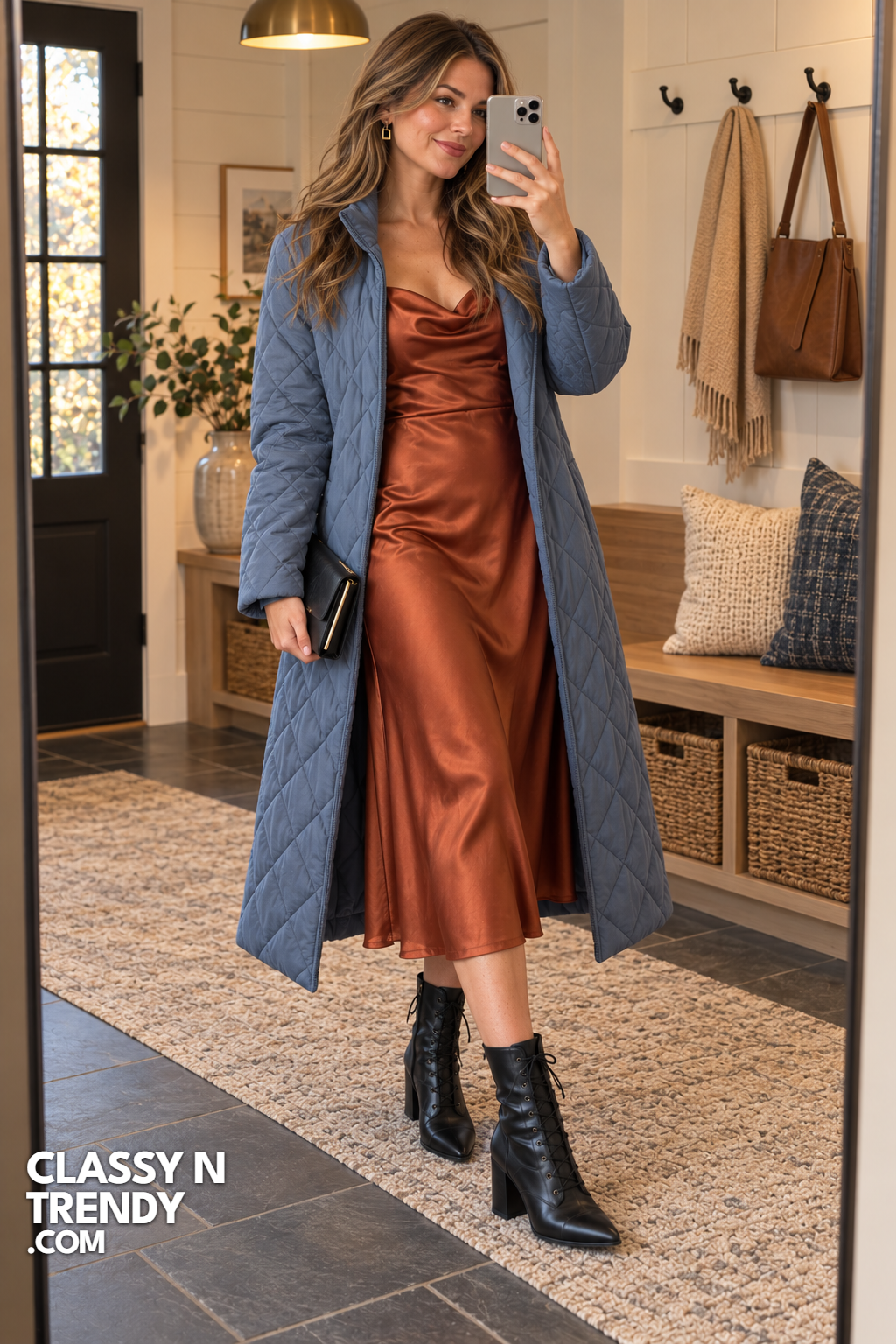 21. Copper Satin Midi with Quilted Dusty Blue Coat