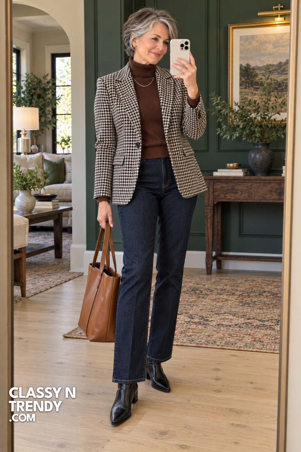 21. Houndstooth Blazer and Dark Jeans