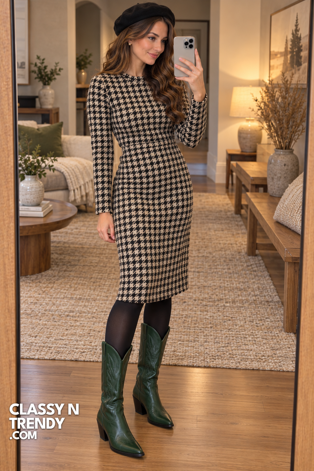 21. Houndstooth Wool Dress with Green Boots