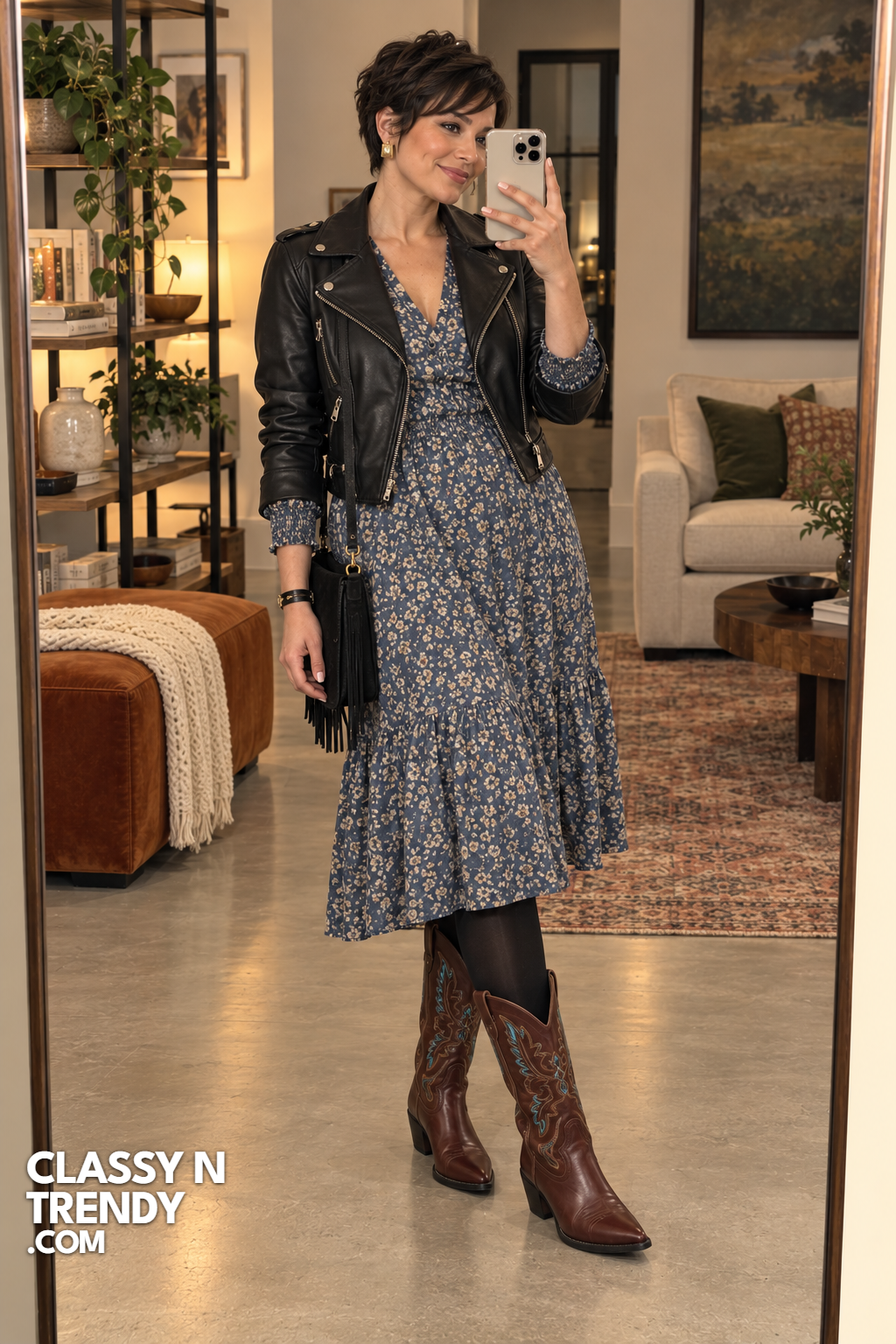 22. Black Moto Jacket and Floral Dress