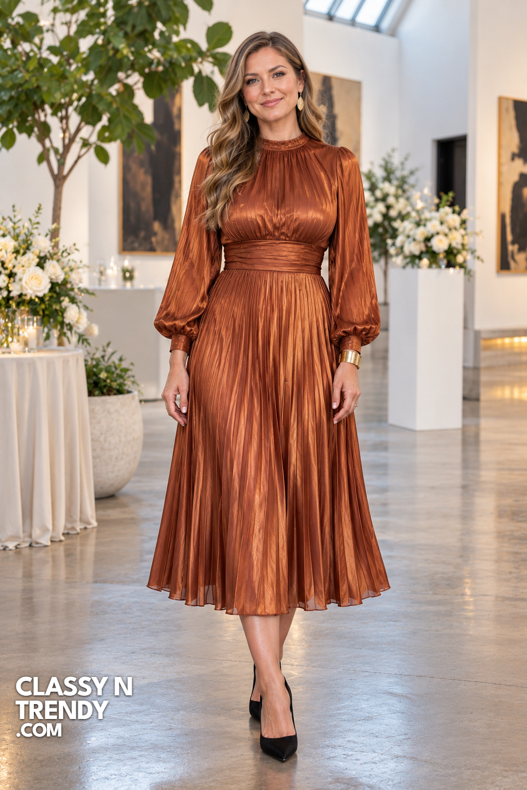22. Copper Pleated Midi With Long Gathered Sleeves