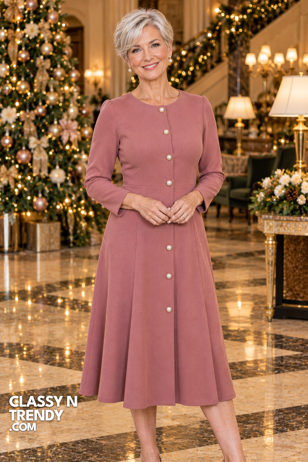 22. Dusty Rose Ponte Dress With Pearl Buttons