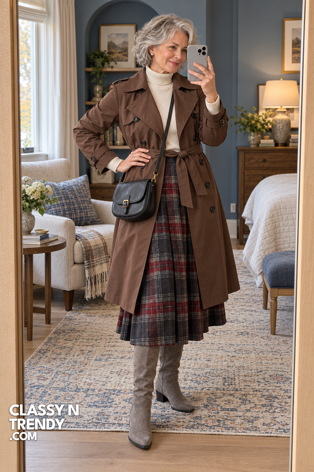 22. Mocha Trench Over Plaid Midi Skirt