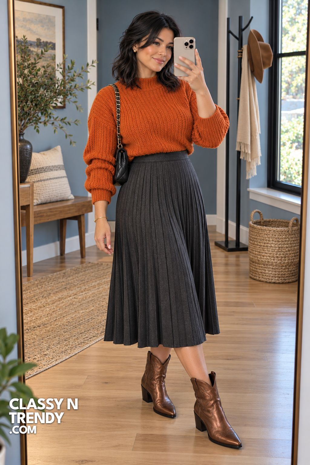 22. Pumpkin Sweater and Pleated Skirt