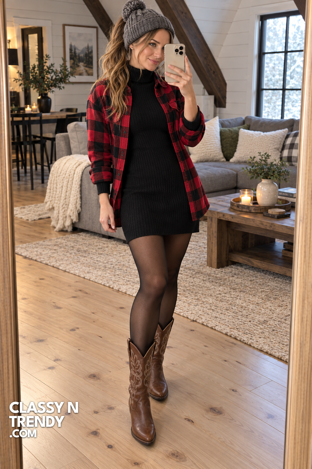 23. Black Knit Dress with Red Flannel Layer
