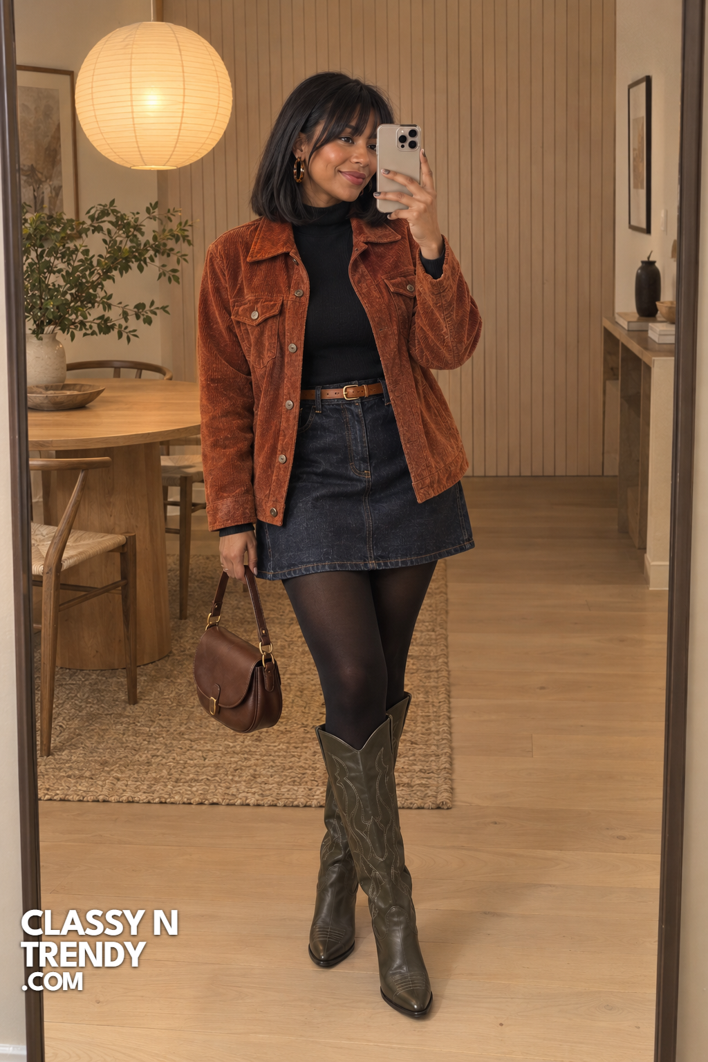 23. Burnt Orange Cord Jacket and Denim Skirt