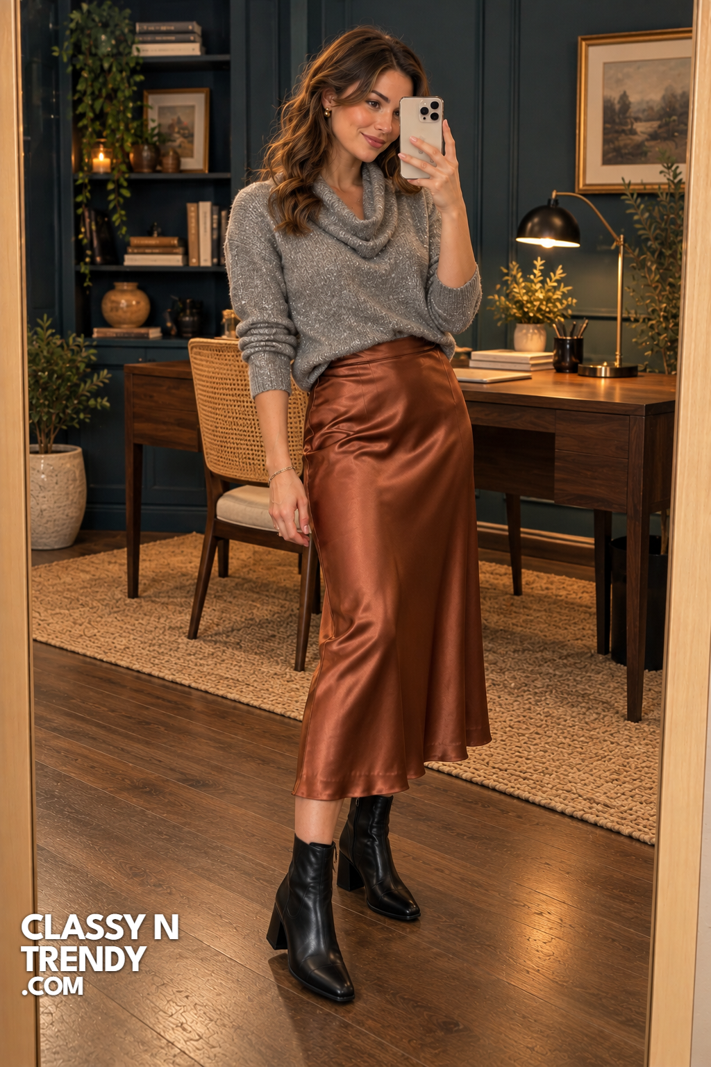 23. Copper Satin Skirt with Gray Cowl Knit