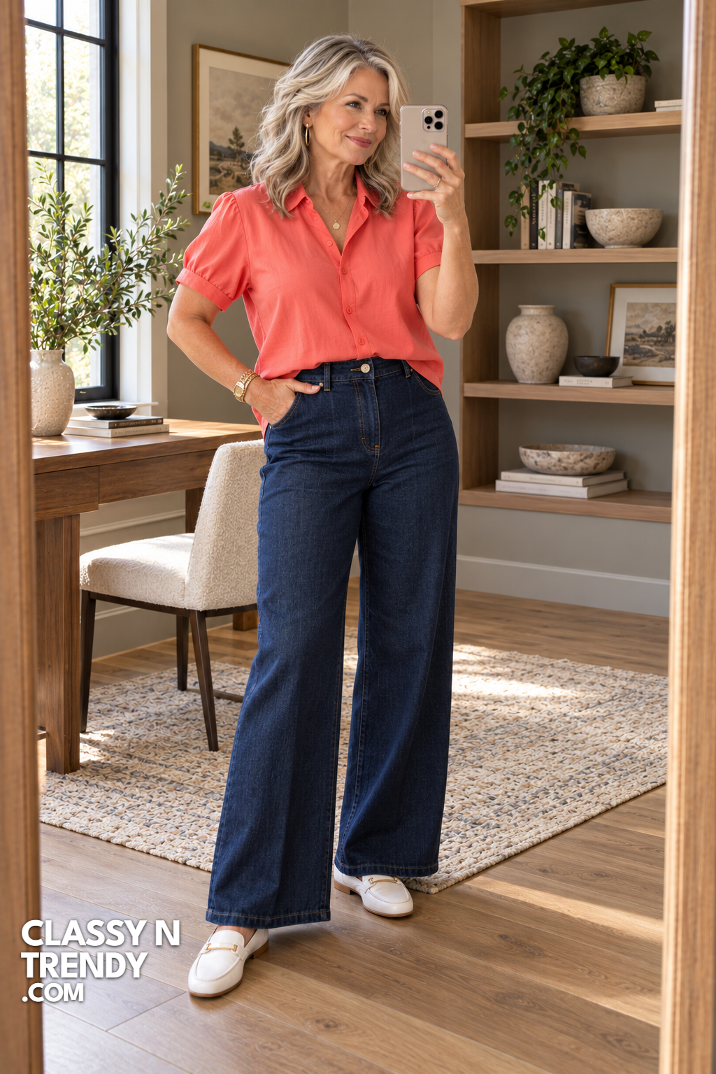 23. Dark Denim and Coral Blouse