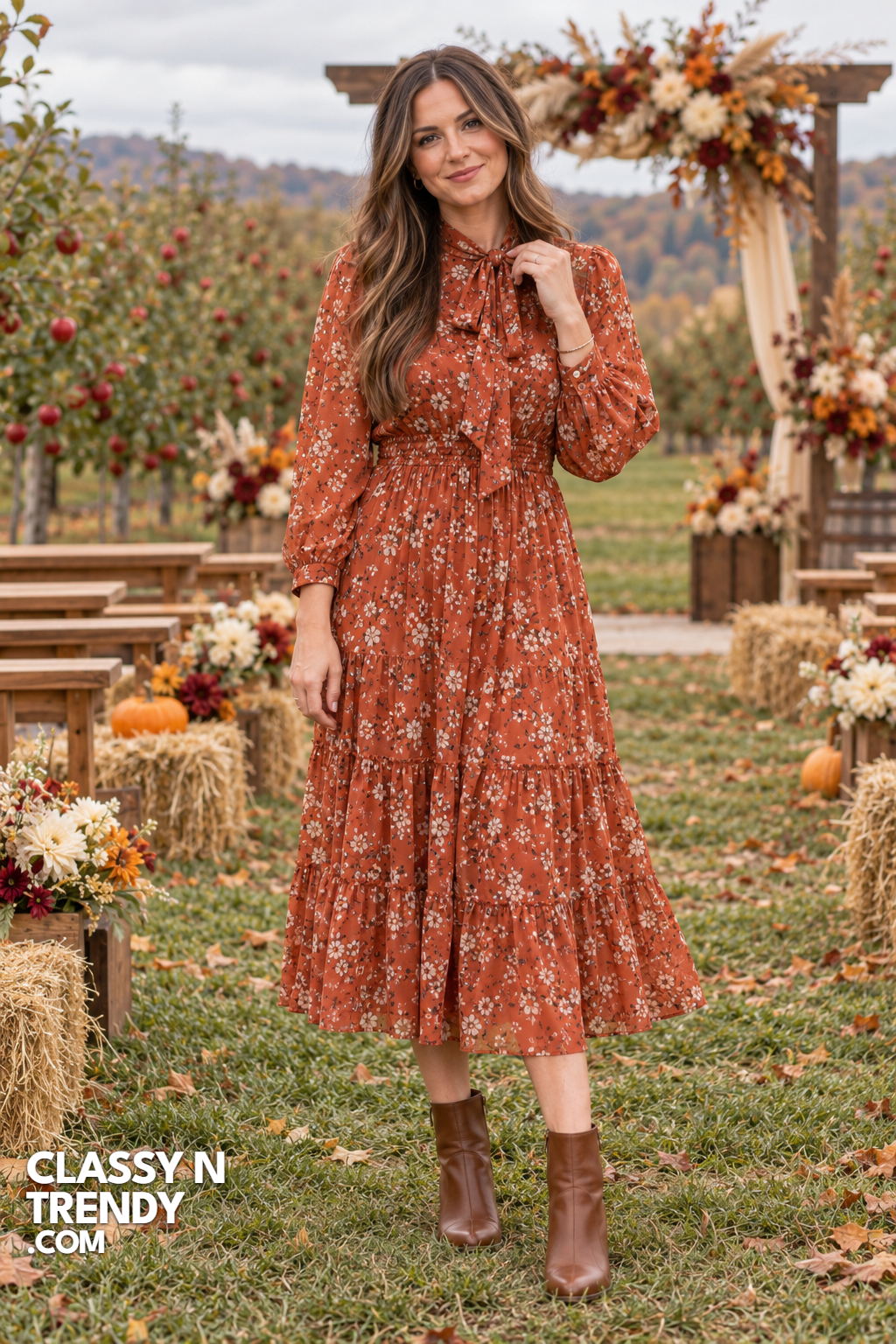 23. Rust Floral Tie Neck Midi