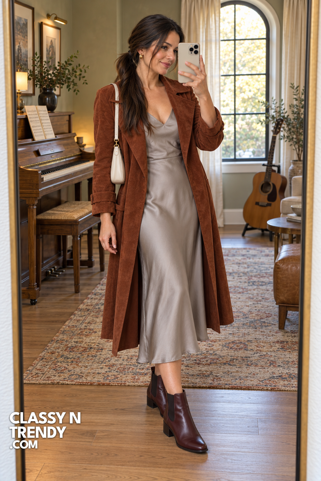 23. Stone Grey Satin Slip with Rust Suede Coat