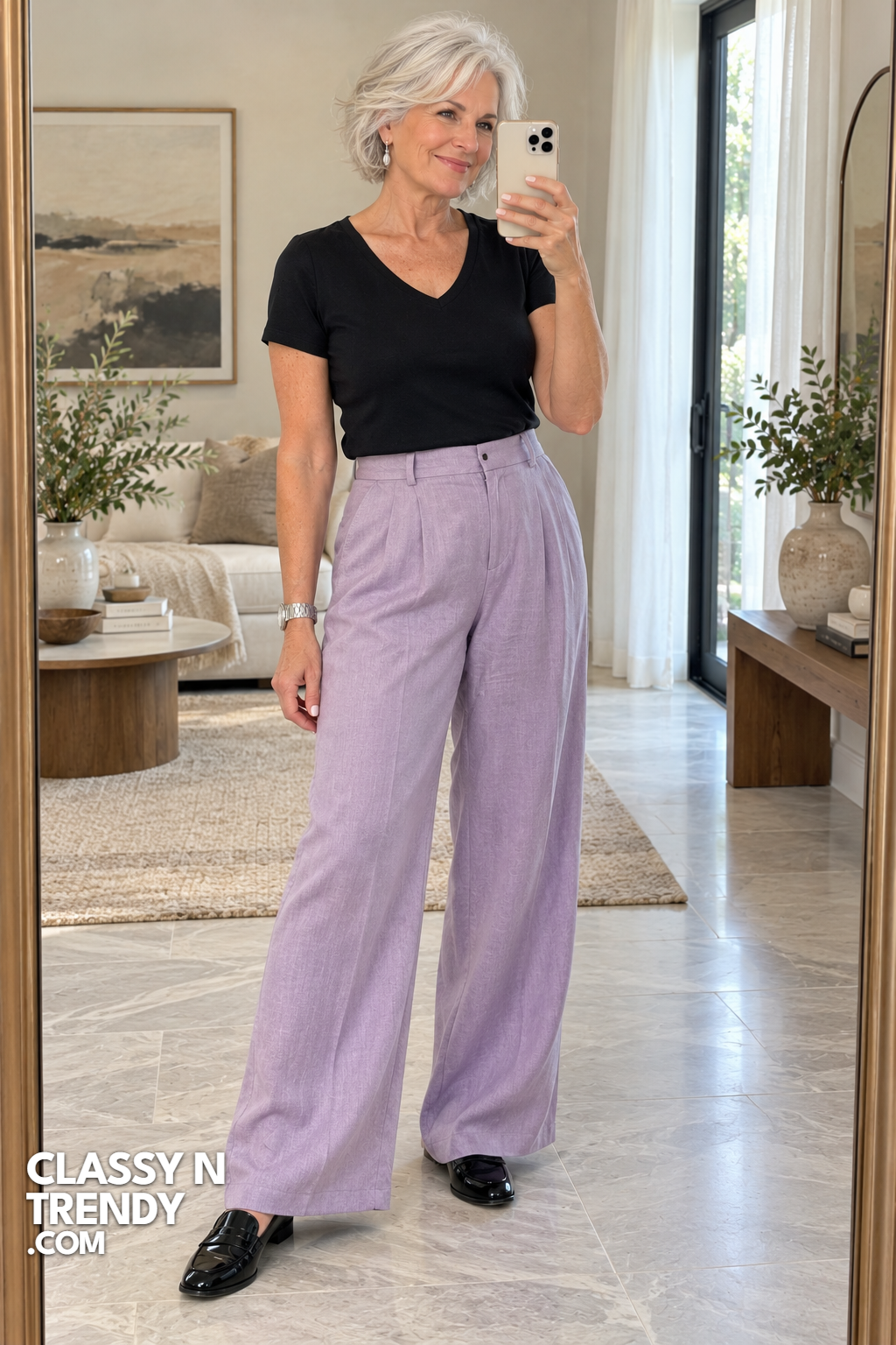 24. Lavender Pants and Black Tee