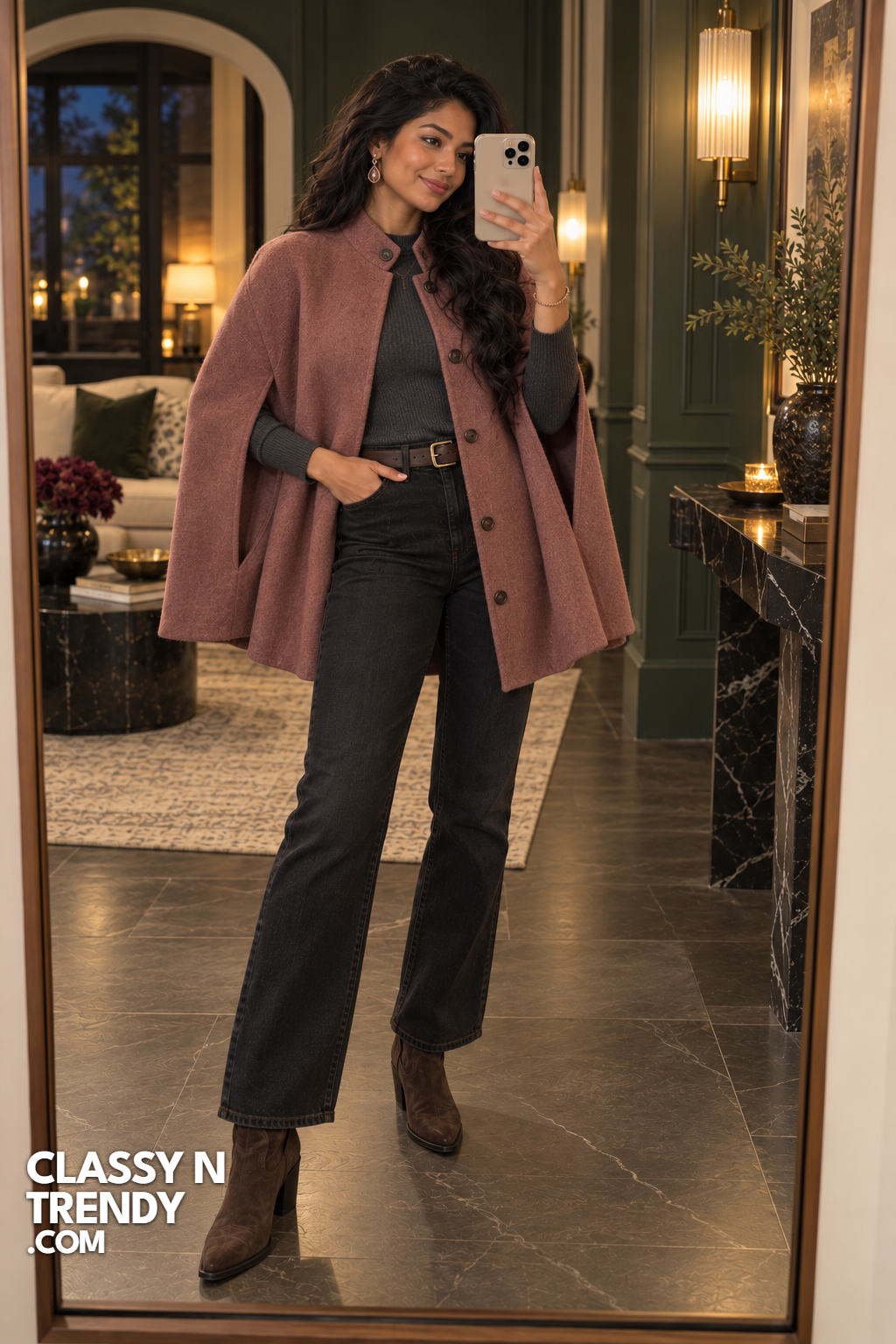 27. Mauve Wool Cape and Black Jeans