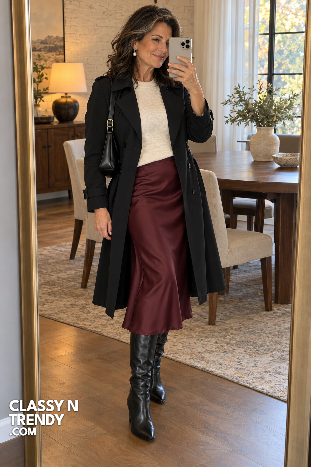 3. Black Trench With Burgundy Slip Skirt