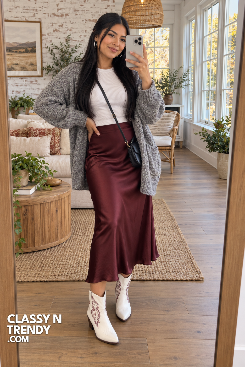 3. Burgundy Slip Skirt and Gray Cardigan