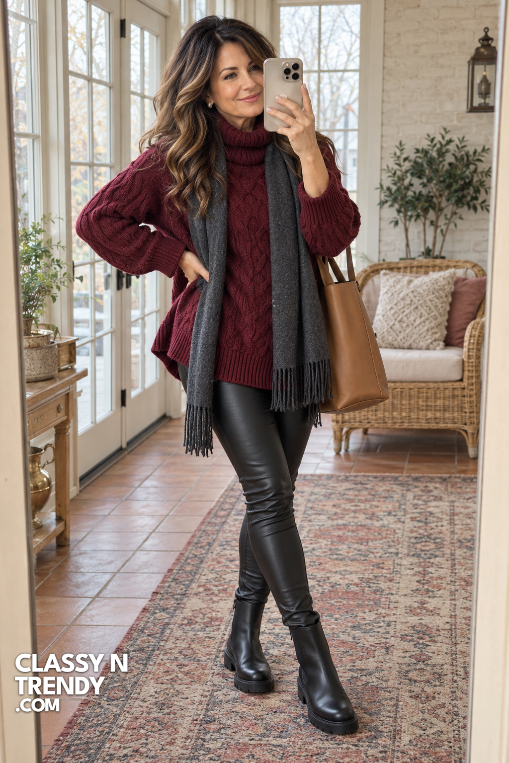3. Chunky Burgundy Knit and Leather Leggings
