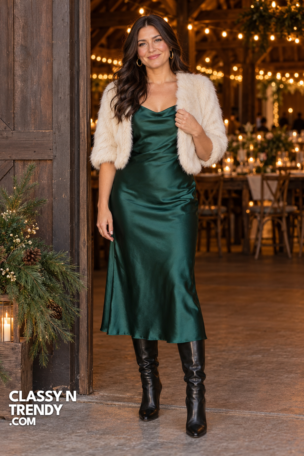3. Emerald Satin Slip Dress With Knee High Boots