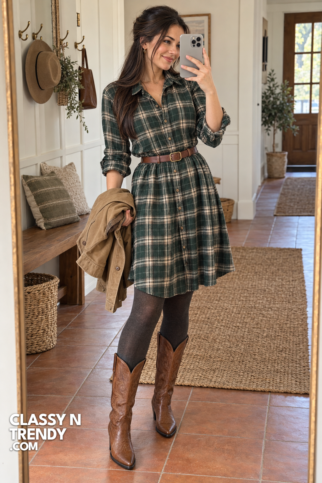 3. Green Plaid Shirt Dress for Ranch Days