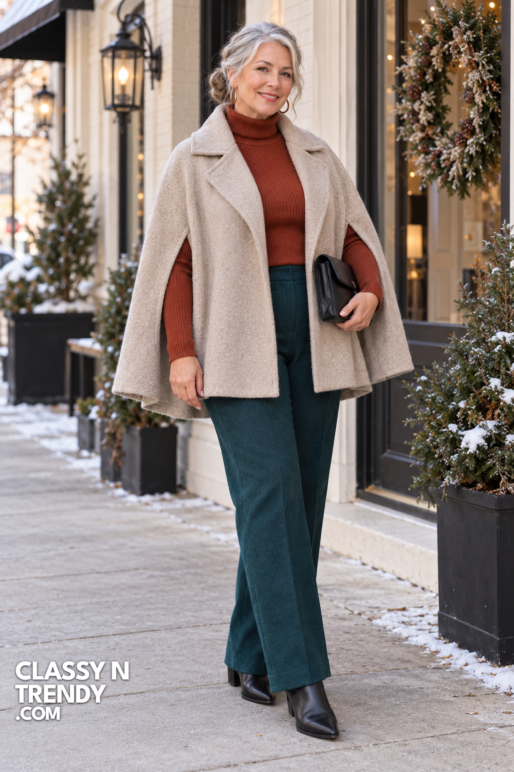 3. Oatmeal Wool Cape with Rust Turtleneck