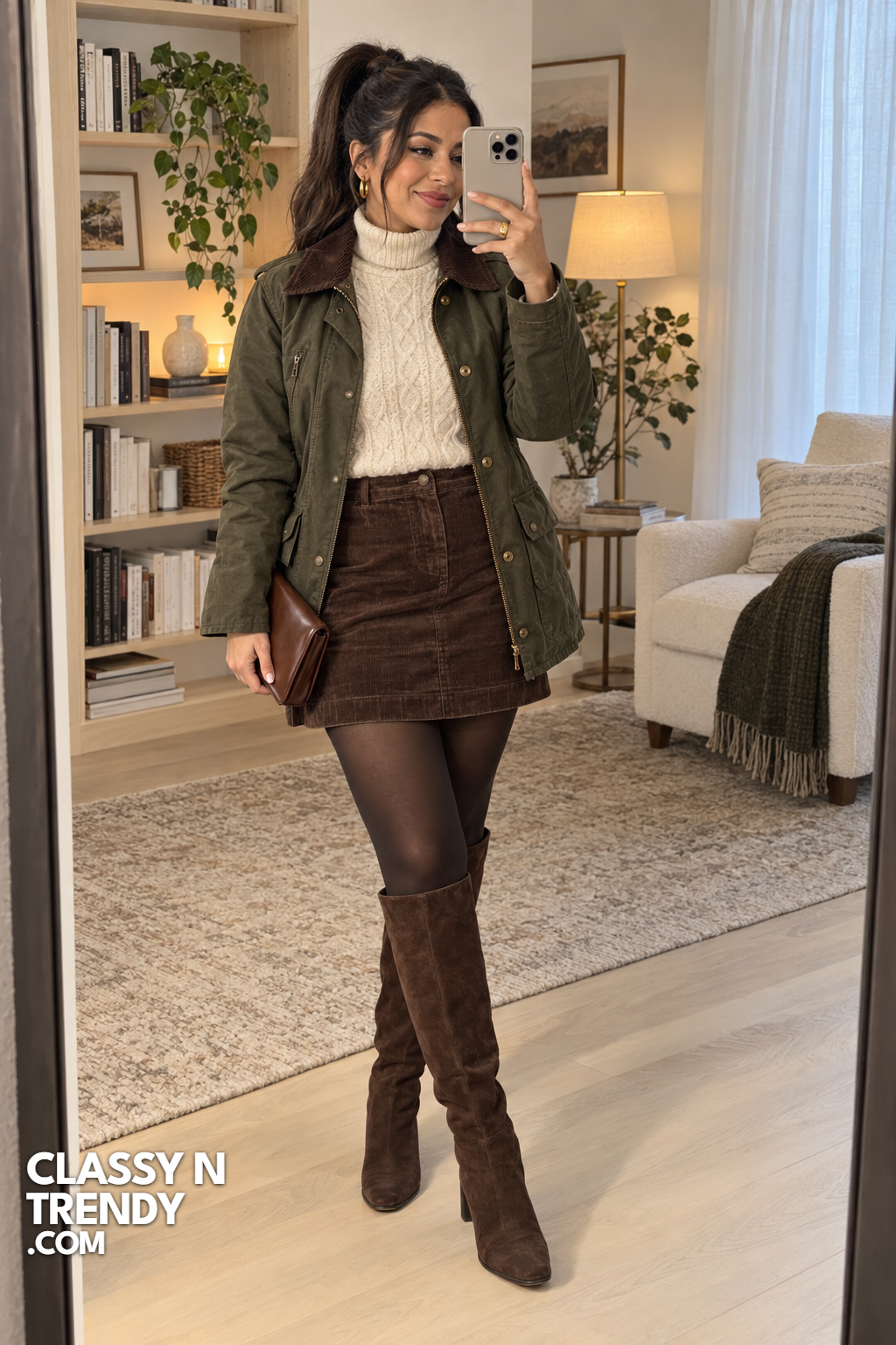 3. Olive Coat and Corduroy Skirt